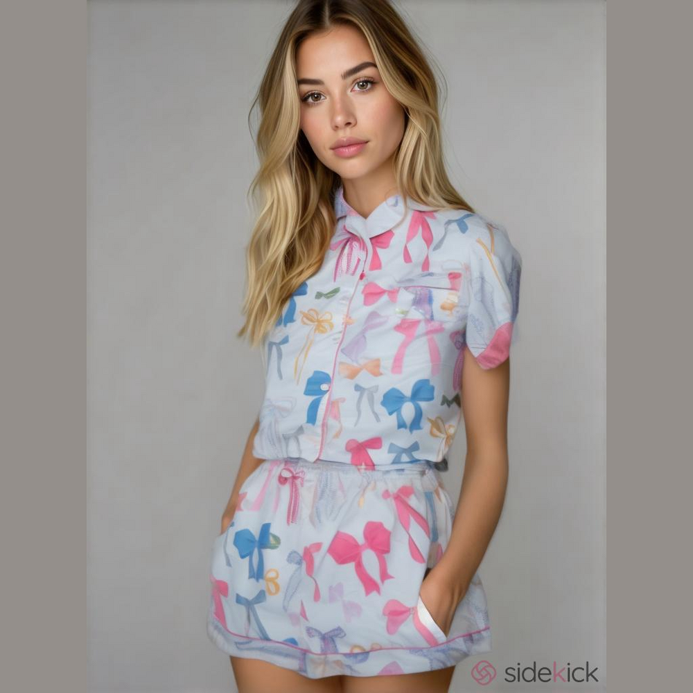$NWT PJ set, colorful bows design, button down shirt with shorts. Soft XXL